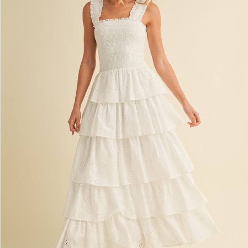 White Eyelet Tiered Maxi Dress with Smocked Bodice